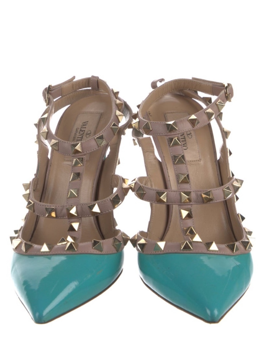 Valentino Teal Patent Leather Rockstud T-Strap Pumps with Tan Straps - Picture 3 of 4
